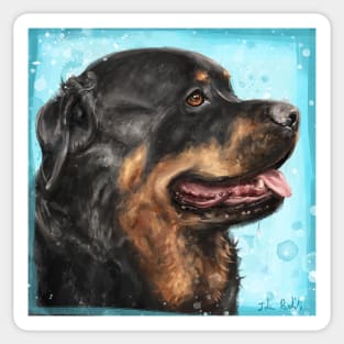 Painting of an Adorable Rottweiler with Its Tongue Out, Light Blue Spattered Background Sticker